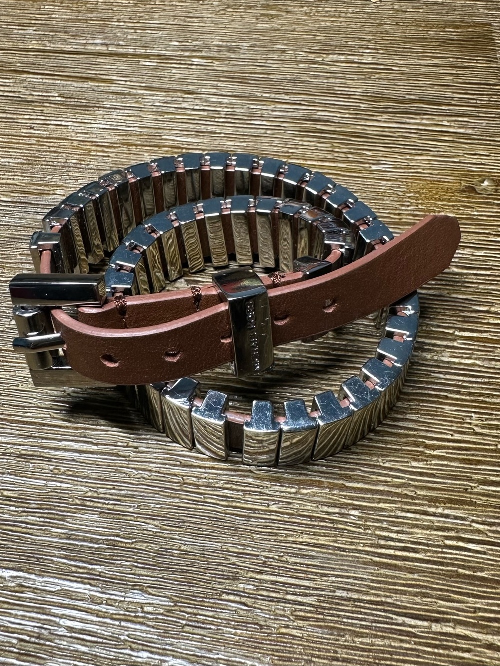 Micheal Kors Stretch Metal Link Bracelet with Brown Leather Accent